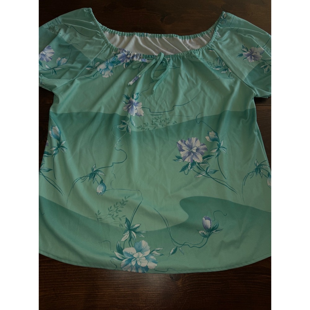 Floral Off Shoulder Blouse Teal Green‎ Purple Lily Print Short Sleeve Top XL